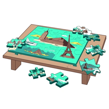 A teal jigsaw puzzle is spread out on a wooden table, featuring pieces that depict various vintage travel posters from different countries. Each poster showcases iconic landmarks, cultural symbols, and vibrant scenery unique to its respective country. The puzzle pieces are scattered, revealing fragments of images such as the Eiffel Tower in Paris, the Great Wall of China, and the beaches of Rio de Janeiro. Some pieces are interlocked, suggesting the process of assembling the artwork, while others lie separated, inviting viewers to contemplate the colorful mosaic that emerges from these distinct travel images.
