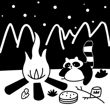A raccoon sitting beside a glowing campfire, with the flames casting flickering shadows. The campfire is surrounded by scattered food items such as a half-eaten sandwich and a tin can. The raccoon is reaching towards the food, with a curious posture. The night sky above is filled with stars, and silhouettes of trees frame the scene. The ground is covered in leaves and twigs, adding to the outdoor atmosphere.