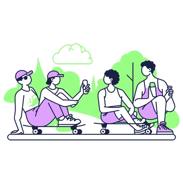 A group of four friends is taking a break from longboarding. They are sitting on their longboards in a semi-circle on a smooth pavement surface. Two friends, one with a baseball cap and the other with sunglasses, are laughing and engaged in conversation. The third friend, wearing a tank top, leans back with a relaxed smile while holding a water bottle. The fourth friend, with curly hair, is checking their phone. In the background, there are trees providing some shade, and a distant park area can be seen.