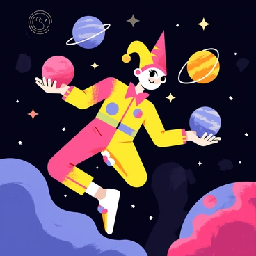 A jester floating in space is wearing a bright multicolored space suit with a classic jester hat adorned with bells. The jester is skillfully juggling three colorful planets, each with distinct textures and colors. Twinkling stars are scattered around, creating a magical cosmic backdrop. The scene captures the jester's playful expression as they concentrate on the juggling act, with the planets orbiting gracefully in their hands. Bright nebulae can be seen in the distance, adding vibrant hues to the space environment.