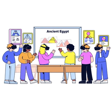 A group of students wearing black VR headsets is gathered in a classroom environment. They are standing in front of a large whiteboard displaying "Ancient Egypt." Each student is engaged and looking around, immersed in their virtual experience. Some students are pointing at images of pyramids and hieroglyphics that appear to be in their virtual space. The classroom is simple, with wooden desks and colorful learning posters on the walls.