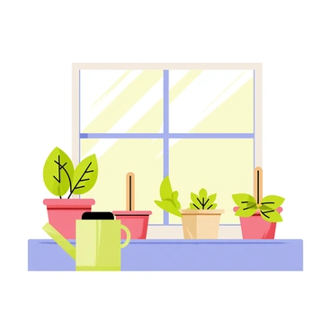 A small indoor herb garden placed on a bright windowsill. The garden features several small pots with green basil, parsley, and mint plants. Sunlight streams through the window, casting soft shadows on the pots and highlighting the vibrant green leaves. A light green watering can sits next to the pots, and a small wooden plant label is positioned in each pot, indicating the type of herb. The overall scene conveys a sense of freshness and life.