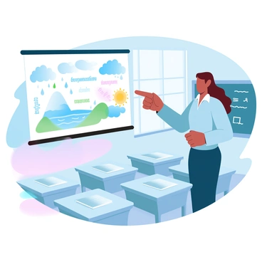 A teacher is standing in front of a colorful poster depicting the water cycle in a classroom. The poster features vibrant illustrations of clouds, rain, rivers, and the sun, each clearly labeled. The teacher is pointing to the section showing evaporation, with a focused expression. Desks with books and stationery are arranged neatly in rows in the background, and a chalkboard is visible, filled with educational notes. The classroom has large windows letting in natural light, enhancing the colorful atmosphere.