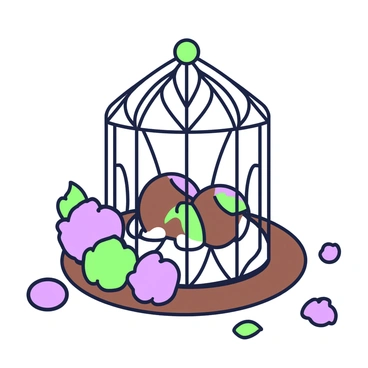 A dessert is designed to resemble a small cage, entirely crafted from chocolate. The cage features intricate lattice patterns formed by thin strips of chocolate, creating a delicate and detailed structure. Inside the cage, there are small, round chocolate spheres resembling truffles, placed carefully to enhance the appearance. The base of the dessert is a smooth chocolate plate that supports the cage. Surrounding the dessert, there are scattered edible flowers made of green and purple ingredients, adding a decorative touch.