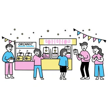 A vibrant festival scene featuring several stalls. Each stall is adorned with colorful banners and displays showcasing an array of banana chip flavors. One stall displays bags of banana chips in flavors such as "cinnamon," "spicy chili," and "honey." Another stall has a large sign that reads "organic banana chips" with samples arranged neatly on a table. People are gathered around the stalls, some holding bags of chips and chatting excitedly. The background includes festive decorations, such as strings of lights and colorful flags fluttering in the breeze.