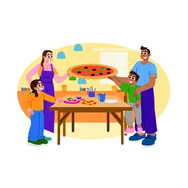 A family of four happily lifting a large, round pizza together. The pizza is topped with a vibrant mix of pepperoni, green peppers, and black olives. They are standing around a wooden dining table set for dinner, with a checkered tablecloth underneath. The parents and two children are all wearing casual clothes, with smiles on their faces, radiating joy and togetherness. The kitchen in the background is bright and welcoming, featuring colorful kitchenware and a window that lets in natural light.