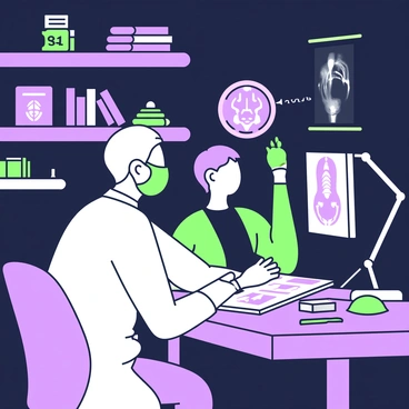 A radiologist is seated at a desk in a darkened room, intently examining X-ray films. The radiologist has short hair and is dressed in a white lab coat. The desk is illuminated by a soft light, casting shadows on the surfaces around it. On the desk, there are several X-ray films laid out, each displaying different anatomical structures. A lightbox mounted on the wall displays a larger X-ray, highlighting clear details. Behind the radiologist, there are shelves lined with medical books and equipment, creating a focused atmosphere for analysis.