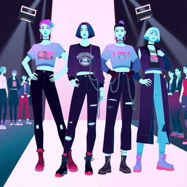 A group of models with varied hairstyles, including brightly colored hair and dark, edgy cuts, strut confidently down a sleek, modern runway. They are wearing striking outfits that incorporate elements of emo fashion, such as tight black jeans, oversized graphic tees, and layered accessories. The lighting is dramatic, with sharp contrasts casting strong shadows and highlighting the intricate details of the clothing. The atmosphere is charged with intensity as the audience watches in admiration. Each model poses momentarily to showcase the unique designs, with details like chains, spikes, and bold patterns accentuating their looks.