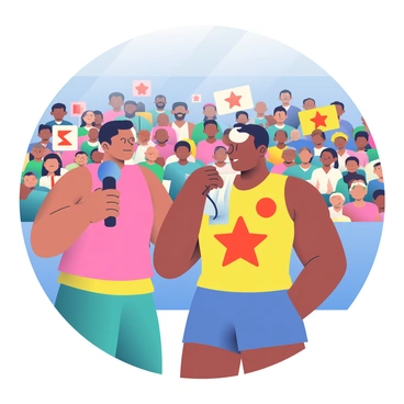 A sports journalist with medium skin and short black hair is standing next to a star kabaddi player who has a muscular build and is wearing a colorful team jersey. The journalist is holding a microphone close to the player, who is smiling and wiping sweat from his forehead with a towel. Behind them, a vibrant crowd can be seen cheering, with some fans holding banners and wearing team merchandise. The setting is illuminated by bright stadium lights, enhancing the excitement of the post-game interview.