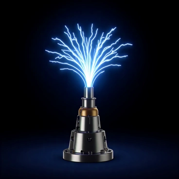 A Tesla coil with a metallic base and intricate wiring stands prominently. The coil is actively emitting dramatic blue electric sparks that arc into the air, creating a vibrant display of light. The background is dark, allowing the bright blue sparks to stand out vividly against the surroundings. The coil itself is illuminated by the bursts of electricity, highlighting its sleek, industrial design. The air around the sparks shimmers due to the intensity of the electrical discharge.