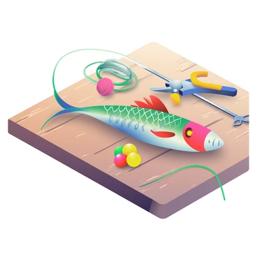 A single hand-crafted fishing lure with intricate details and vibrant colors is resting on a rustic wooden table. The lure features shiny scales and a metallic hook, reflecting light in the surroundings. Nearby, there are various fishing tools, including a spool of fishing line, a pair of pliers, and some brightly colored bobbers. The wooden table has visible grains and knots, adding character to the scene, while soft shadows cast by the tools create a sense of depth.