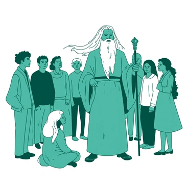 A teal wise elder with long, flowing white hair is standing amidst a diverse crowd of people. The elder is wearing traditional robes that flutter gently in the breeze, and they are holding an ornate wooden staff in their right hand. The young seeker, with bright eyes and a look of eagerness, is sitting cross-legged on the ground in front of the elder, listening intently. Around them, various individuals of different ages and backgrounds are observing the interaction, some nodding in agreement. The atmosphere conveys a sense of reverence and curiosity as the elder imparts their wisdom to the young seeker.