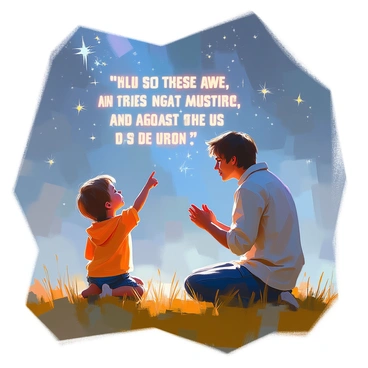 A child pointing at the stars while an adult kneels beside them in prayer, with a Bible verse about awe and creation glowing in the sky.