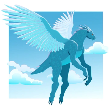A colossal titan with massive wings, covered in intricate feathers that shimmer in the sunlight. Its physique is muscular and imposing, showcasing detailed patterns on its skin. The titan is soaring high in the "bright blue sky," surrounded by "fluffy white clouds," casting soft shadows below. The sunlight reflects off its wings, creating a dynamic interplay of light and shadow as it moves gracefully through the air.