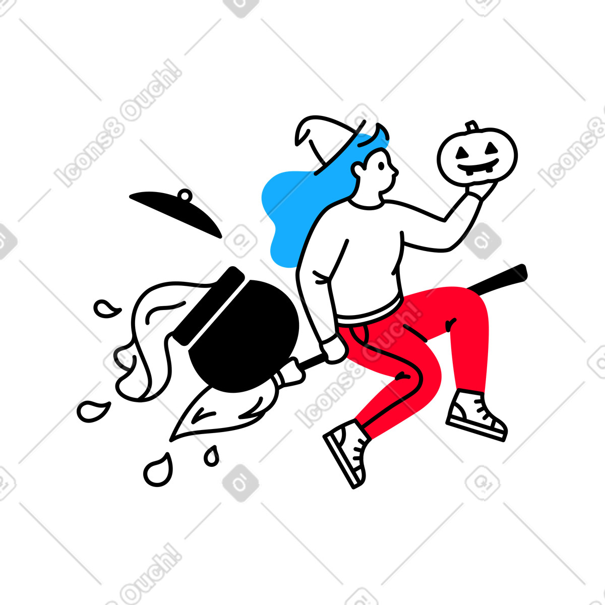 Ilustración Entrega de halloween: bruja volando en escoba con caldero y calavera estilo Transistor a descargar PNG SVG