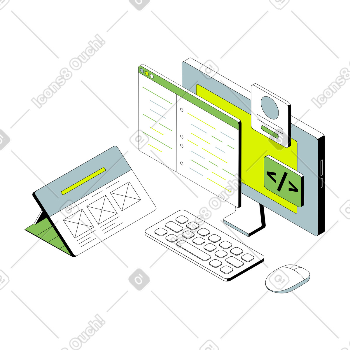 Desktop with programming code, tablet with website mockup illustration in PNG, SVG