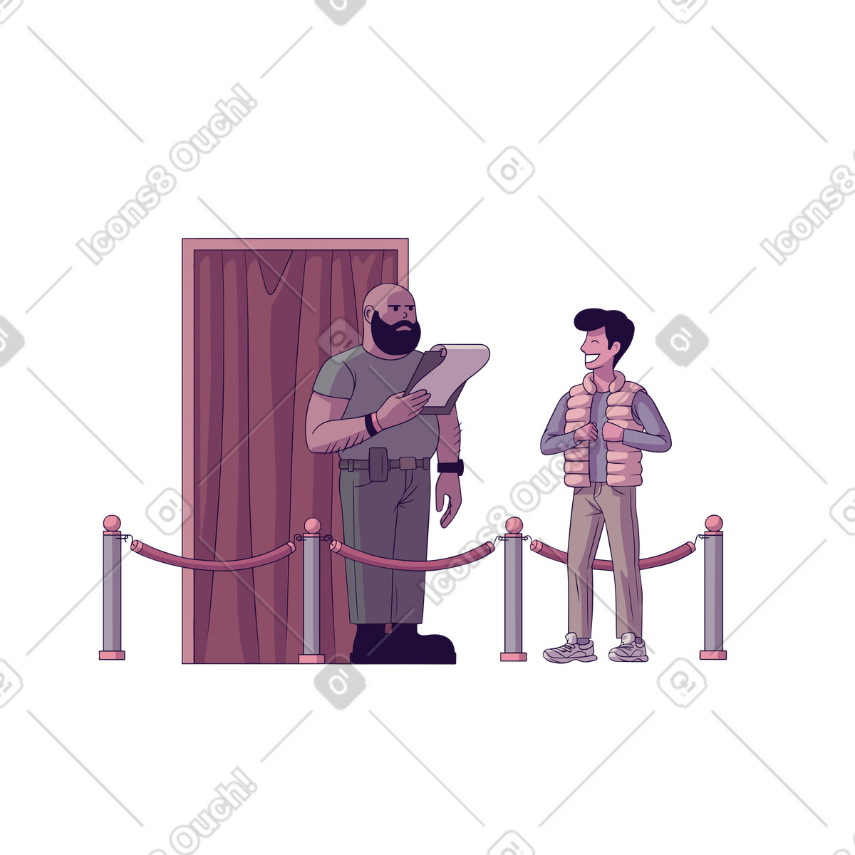 Illustration Bouncer checking entry list at venue entrance, Exclusive access or sign-in concept dans le style Eastwood à télécharger aux formats PNG, SVG