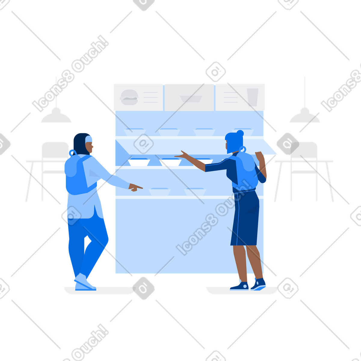 Due donne con gli zaini acquistano cibo da fast food al chiosco di senza contatto illustrazione in stile Urban scarica in PNG, SVG