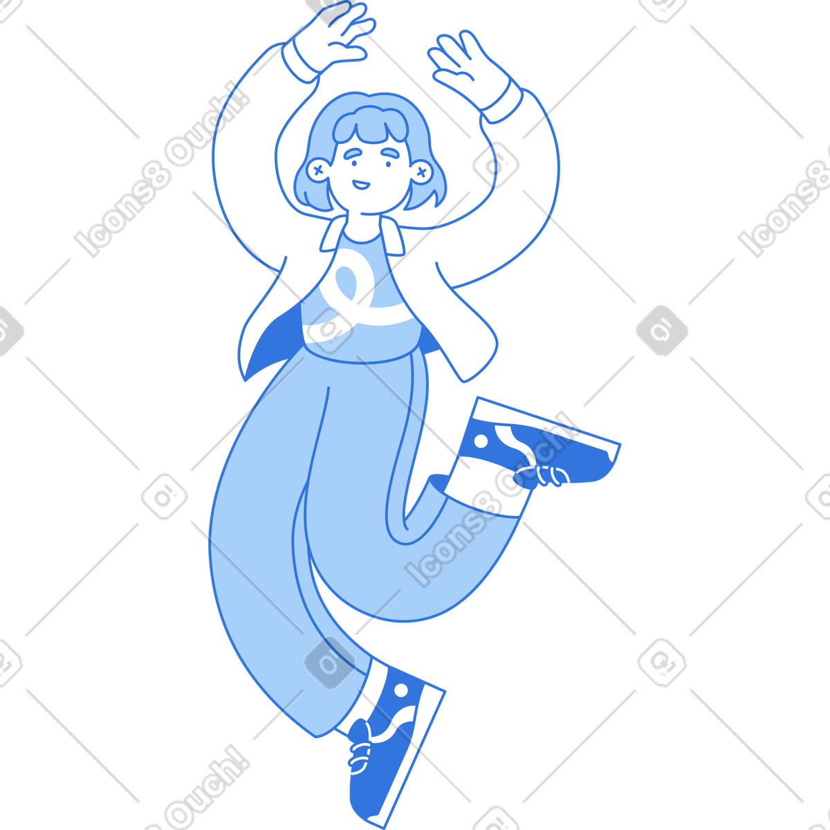 Fröhliche frau mit erhobenen händen-Illustration im Sky-Stil als Download in PNG, SVG