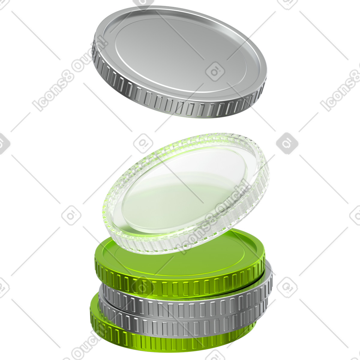 Floating coins stack, digital currency design, finance collection icon, money swap concept illustration in 3D Enterprise style download in PNG, SVG