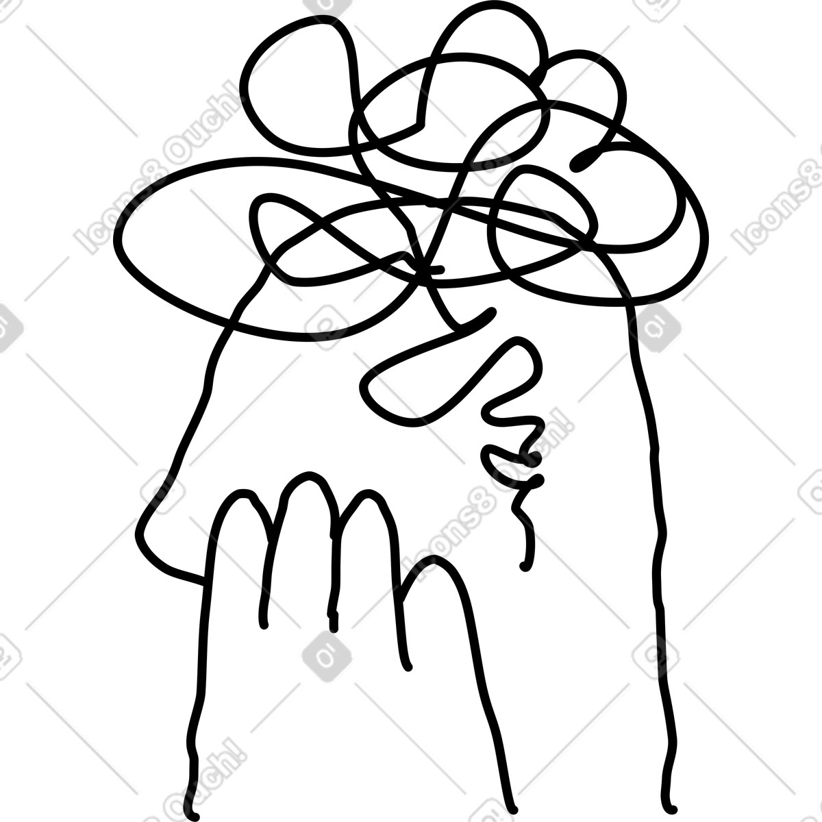 Rondy Stickers スタイルの Anxiety face outline with tangled lines overwhelming worried head のイラストをPNG、SVG形式でダウンロード