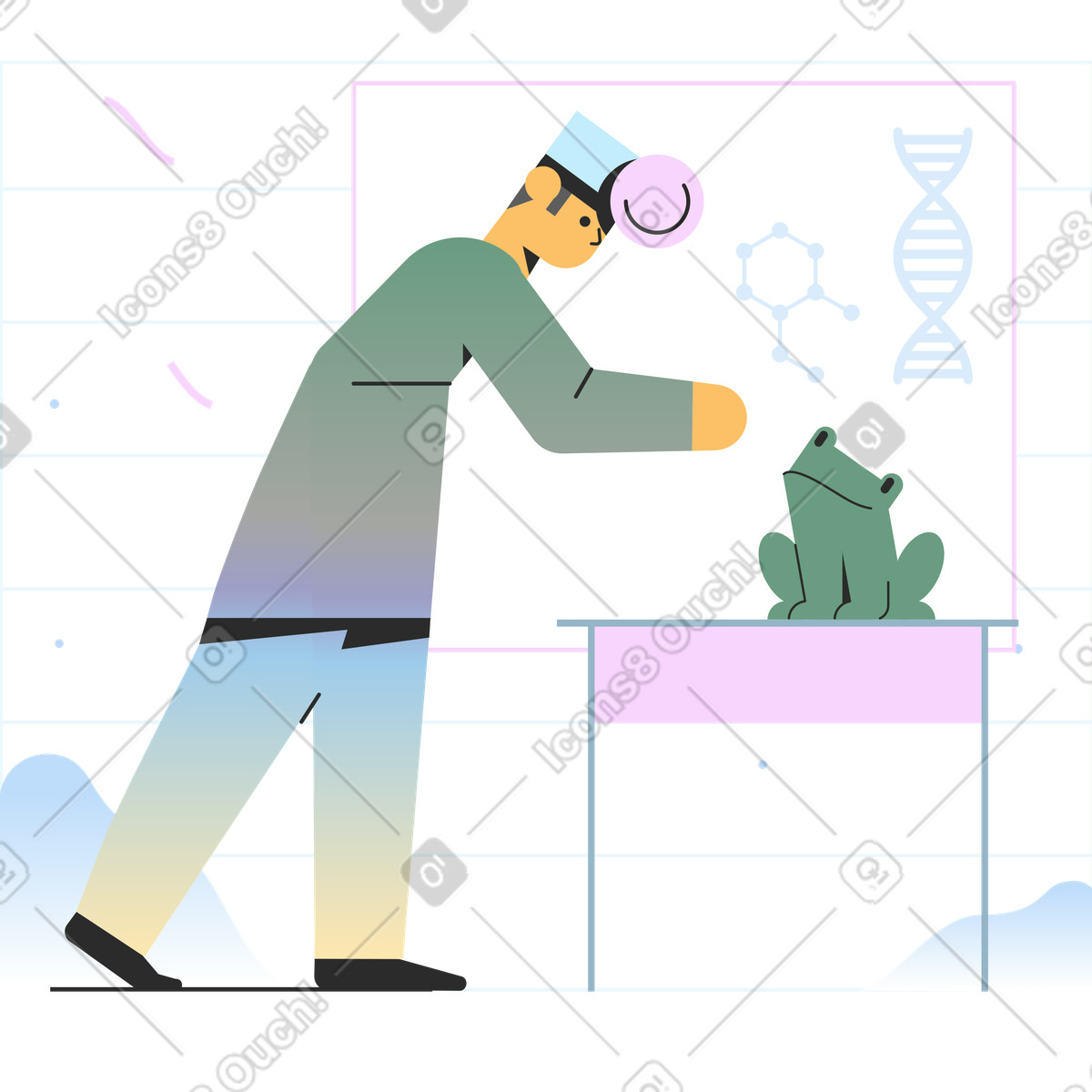 Veterinarian looking over a frog illustration in Marginalia style download in PNG, SVG