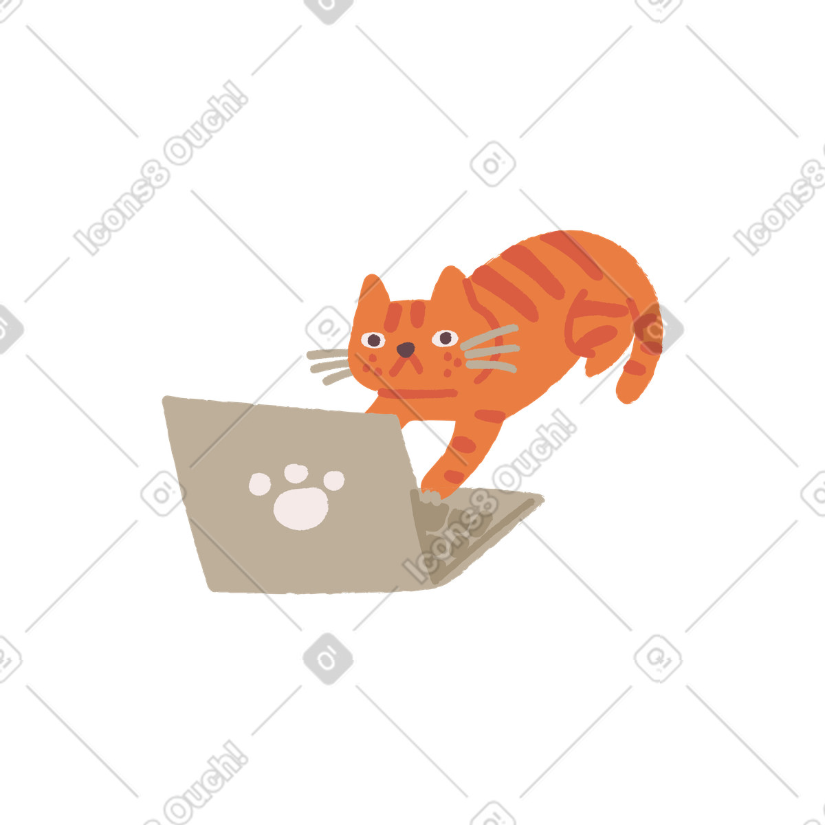 Orange striped cat working on laptop illustration in Ginger style download in PNG, SVG