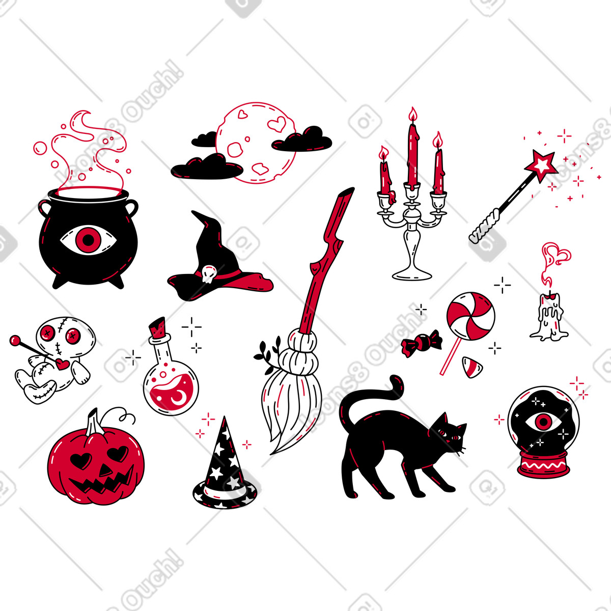 Stickerpaket „halloweennacht“ und gruselige zaubergegenstände-Illustration im Ruby-Stil als Download in PNG, SVG