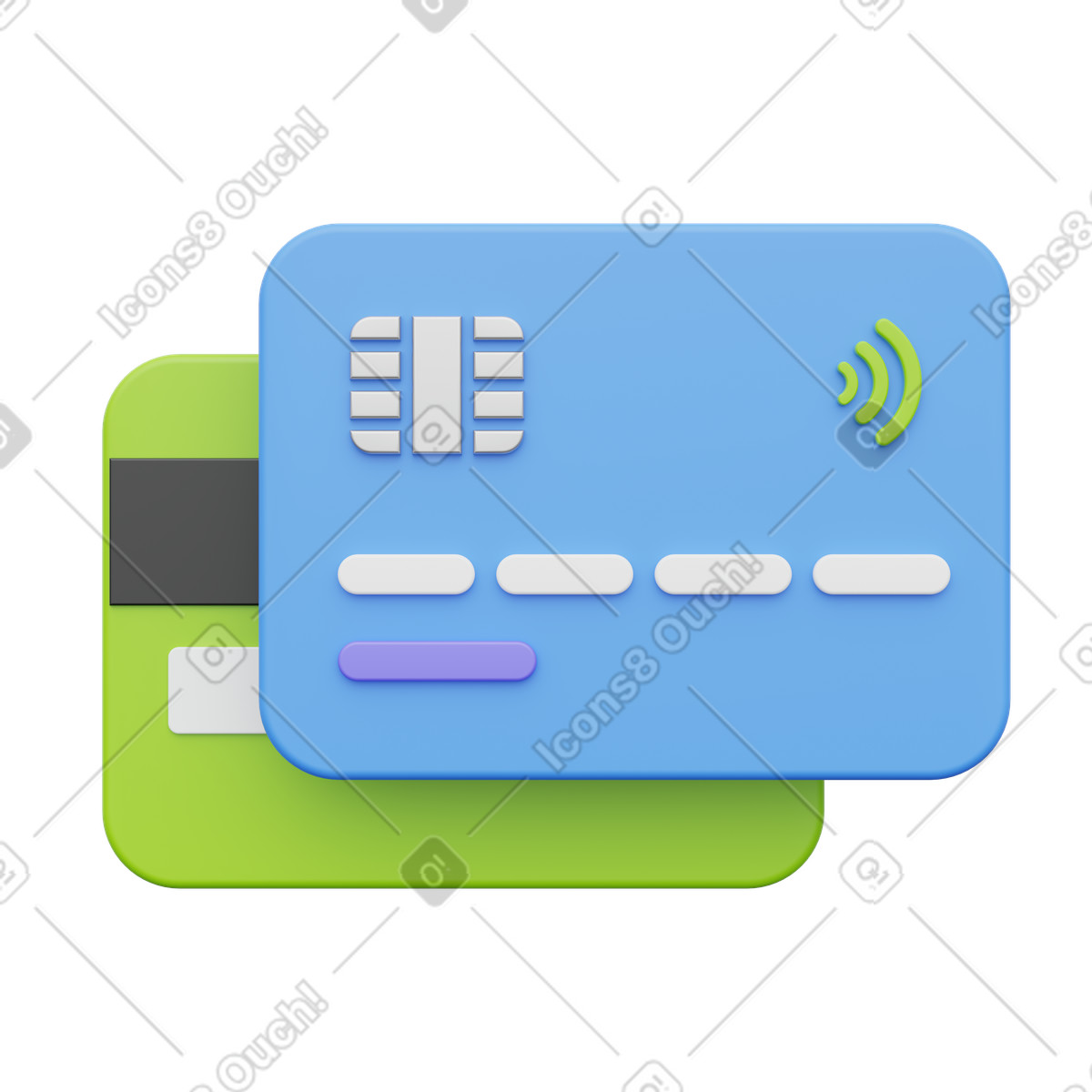 Contactless payment cards front and back, digital banking and cashless payments illustration in PNG, SVG