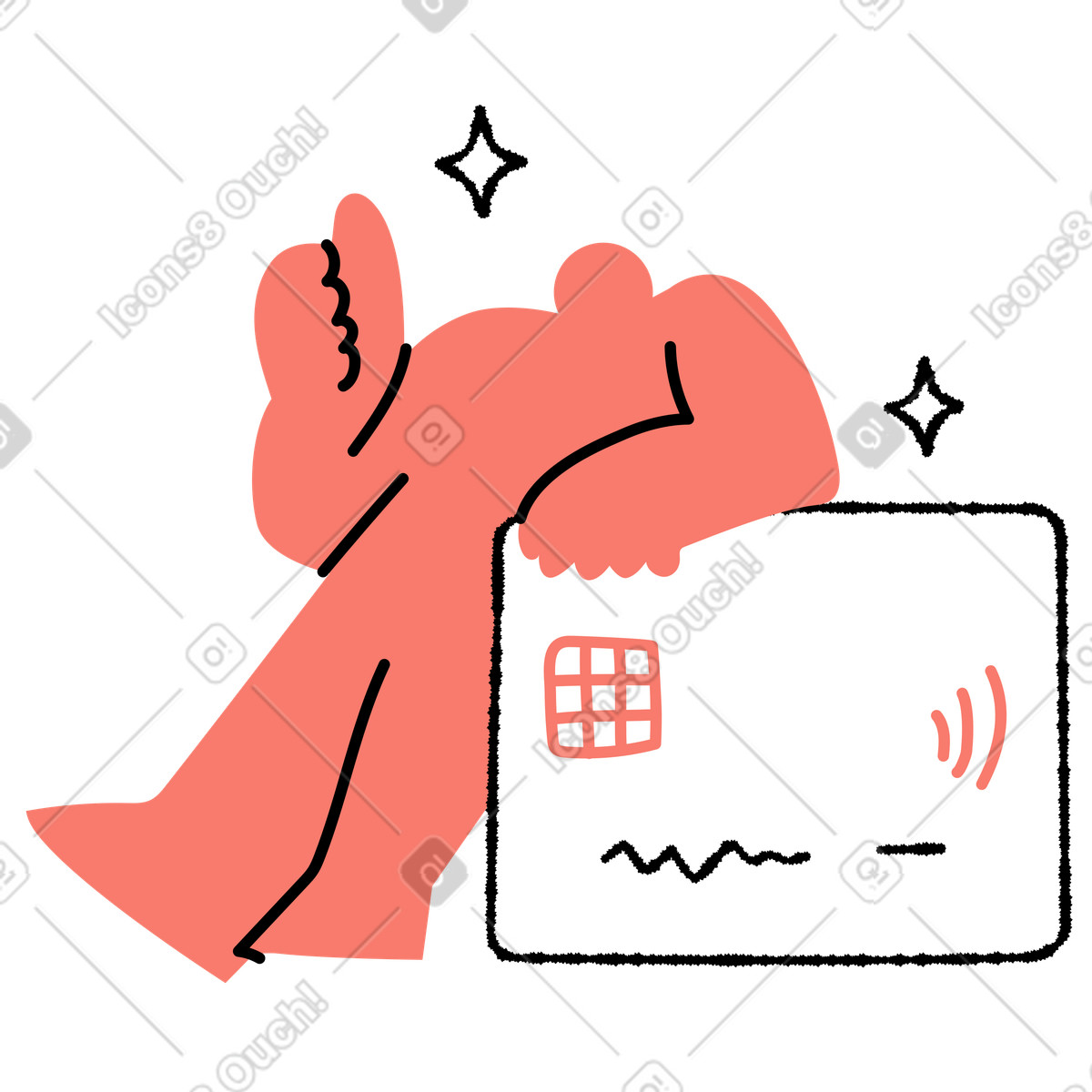 Ilustración Credit card character relaxing confidently beside contactless payment symbol en estilo Bold People a descargar en PNG y SVG