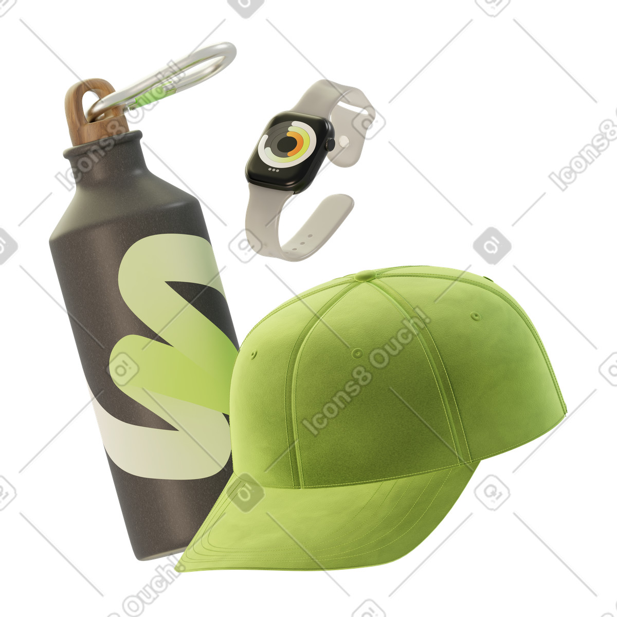 Illustration Ensemble bouteille d'eau, montre connectée et casquette, essentiels pour le fitness un mode de vie actif dans style 3D Modern à télécharger aux formats PNG, SVG