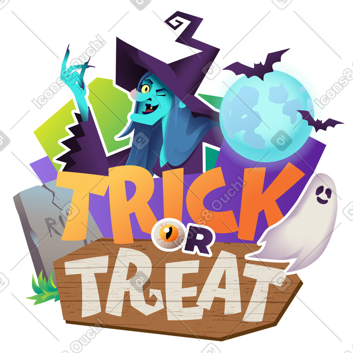 Schriftzug „trick or treat“ mit hexen- und geistertext-Illustration im Halloween Party-Stil als Download in PNG, SVG
