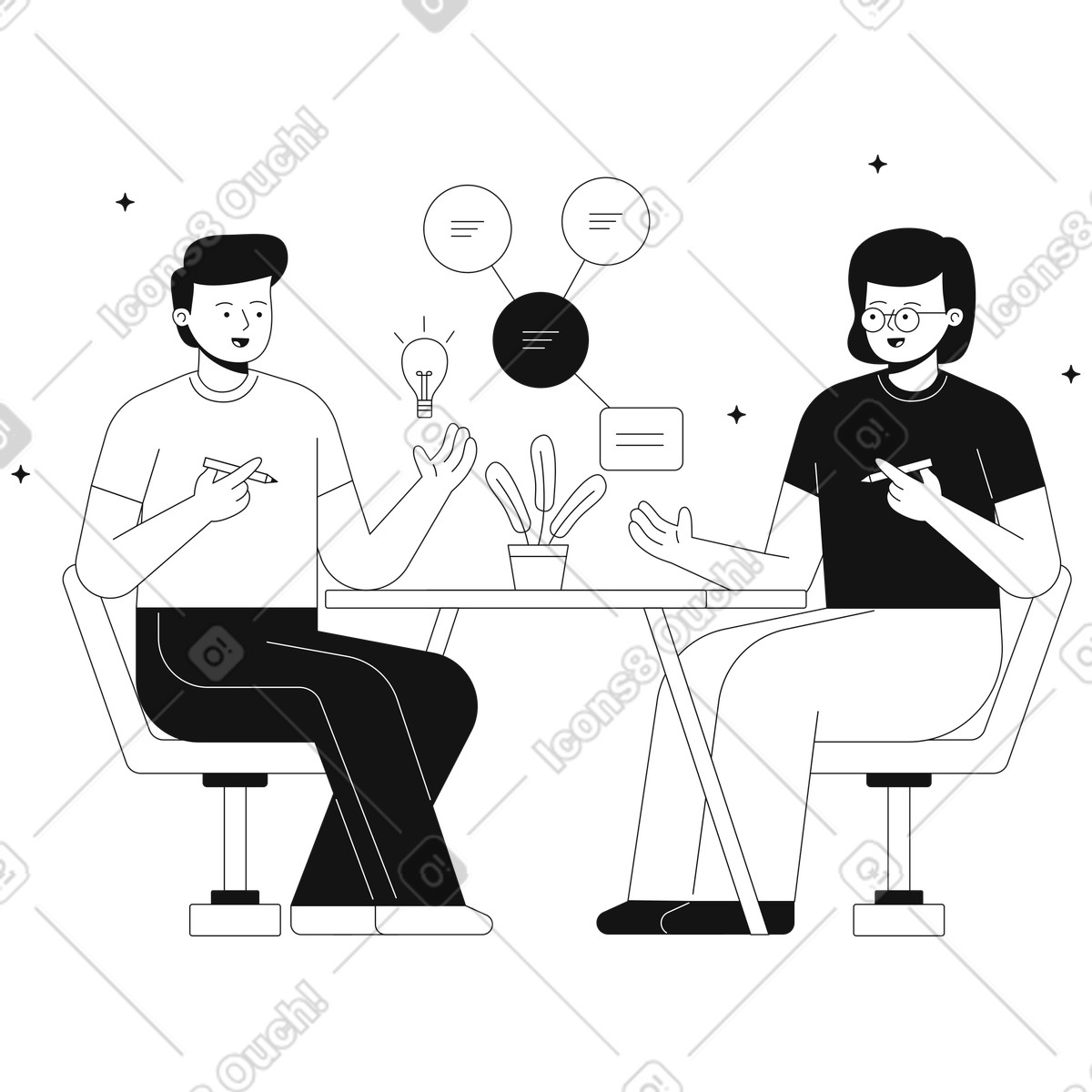 Ilustração de Planejamento e discussão novas ideias pelos colegas à mesa em no estilo Teams para baixar em PNG, SVG