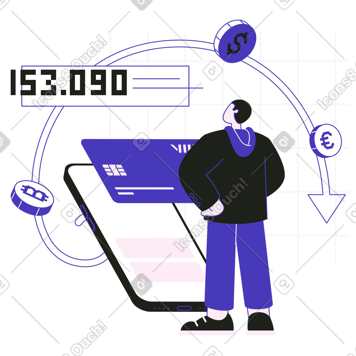 下载 Blueberry 风格的 Cryptocurrency and currency exchange interface, Online money transfer forex 插画，支持 PNG、SVG 格式