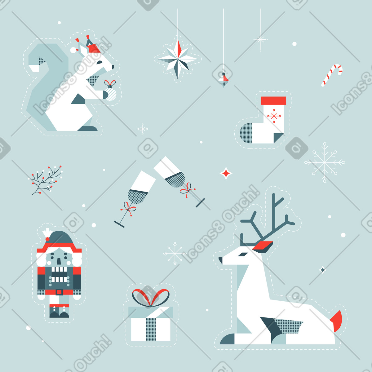 Ilustración Pack de pegatinas con reno, ardilla y cascanueces en estilo Nordic a descargar en PNG SVG