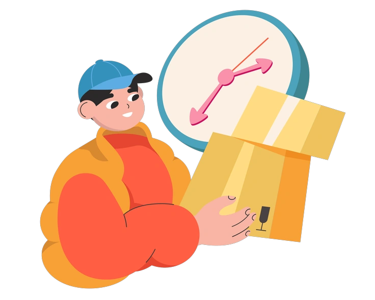 A delivery person holding a package and clock - Dizzy style illustration