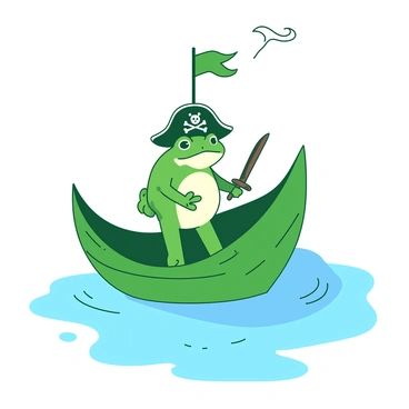 A green frog dressed as a pirate is standing confidently on a large green leaf that serves as its ship. The frog is wearing a small black pirate hat with a white skull and crossbones emblem. Its bright eyes are focused ahead as it holds a tiny wooden sword in one hand. Above the frog, a small white flag is fluttering in the breeze, attached to a slender stick. The leaf ship is gently floating on a tranquil puddle, with delicate water ripples surrounding it.