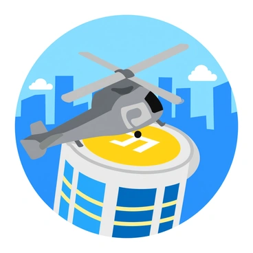 A sleek helicopter with a shiny metallic exterior and large rotor blades is descending toward a helipad. The helipad is clearly marked with a large white "H" in the center, surrounded by a bright yellow circle. The skyscraper beneath the helipad has tall glass windows reflecting the sunlight. The city skyline is visible in the background, showcasing other tall buildings. A few clouds drift in the blue sky above, adding to the scene.
