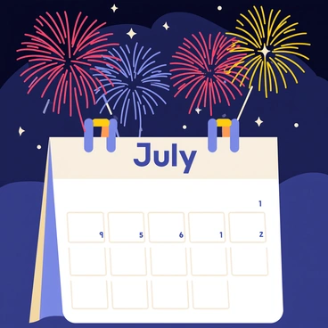 A calendar page for July is displayed prominently in the foreground. The page features large, bold numbers indicating the date. Above the calendar, a night sky is filled with vibrant fireworks exploding in various colors, including red, blue, and yellow. The fireworks create bright, star-like bursts that light up the darkness of the sky. The overall scene captures a festive atmosphere, celebrating the holiday spirit in July.