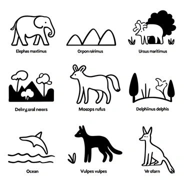 A variety of mammals displayed in a natural setting, including an elephant labeled with "Elephas maximus" in a savanna environment. Nearby, a polar bear is shown with the label "Ursus maritimus" near icebergs, while a kangaroo is depicted with "Macropus rufus" in a bushland backdrop. A dolphin is illustrated with "Delphinus delphis" swimming in the ocean, and a red fox is present with "Vulpes vulpes" in a forest. Each mammal corresponds to its habitat, enhancing the educational aspect of the illustration.
