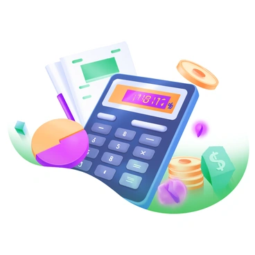 A modern pastel illustration of a digital loan calculator display. The display features bright, flashing numbers and percentages in vibrant colors against a soft background. Surrounding the calculator are various financial icons, including a dollar sign, a pie chart, and a stack of coins. The overall composition emphasizes the calculator as the central element, with light reflections and shadows enhancing its dimensionality.