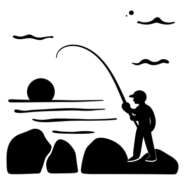 A silhouette of a fisherman standing on a rocky shore, holding a fishing rod. The outline of the fisherman is defined against the backdrop of a large, round sun setting on the horizon. The sun's rays extend outward, illuminating the surface of the sea with distinct lines. Gentle waves can be seen lapping at the rocks near the fisherman. A few scattered clouds are visible in the sky, adding texture to the scene.