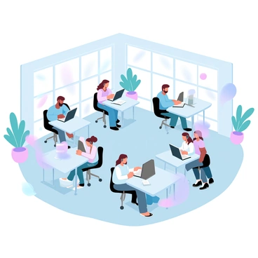 An aerial view of a bustling coworking space filled with people engaged in various tasks at shared desks. The desks are arranged in clusters, with individuals seated on ergonomic chairs, focused on their laptops and notebooks. Some people are collaborating in small groups, discussing ideas, while others are immersed in their work with headphones on. Large windows allow natural light to flood the space, highlighting the vibrant colors of the seating and decor. Potted plants are placed throughout the area, adding a touch of greenery to the environment. A coffee station can be seen in the corner, with a few individuals standing in line to grab their drinks.
