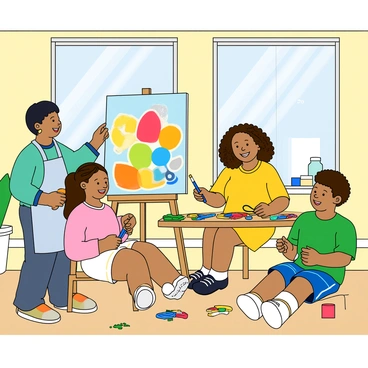A cheerful family of four is gathered in a bright and colorful art studio. The father, with short black hair and wearing a light blue apron, is painting on a large canvas with vibrant colors. The mother, with curly brown hair and a yellow dress, is sitting at a table, crafting with colorful paper and scissors. Two children, a girl with pigtails wearing a pink shirt and shorts, and a boy with curly hair in a green t-shirt, are happily making decorations with glitter and glue. The studio is filled with various art supplies, including brushes, paints, and colorful paper strewn about. Bright sunlight streams through large windows, illuminating the joyful scene.