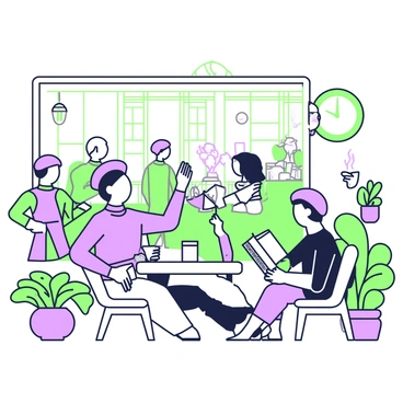 A cozy cafe from the 1960s is filled with patrons. Some people are seated at small round tables, wearing turtlenecks and berets. A man with a beret is holding a steaming cup of coffee while reading from a book of poetry. Nearby, a woman in a turtleneck is engaged in conversation with a friend across the table. The cafe has wooden paneling and potted plants scattered around, creating an inviting atmosphere. Soft light filters through the windows, illuminating a small stage in the corner where a musician is tuning a guitar.