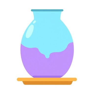 A ceramic vase with a crackled glaze effect that reflects light beautifully. The vase has a smooth, curvy shape, tapering slightly towards the top. It features a mix of soft pastel colors, predominantly light blue and lavender, with the crackled texture enhancing its visual appeal. The light glints off the glaze, creating shimmering highlights. The vase sits on a simple wooden table, with a warm, natural wood grain visible beneath it.