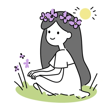 A girl with long, flowing hair, wearing a "beautiful crown made of purple flowers." She is sitting in a "meadow," surrounded by green grass. The sun is shining, casting soft light on her face. In the background, there are "delicate wildflowers" scattered throughout the meadow. The girl has a gentle smile, and she is wearing a "simple white dress" that contrasts with the vibrant colors of the flowers in her crown.
