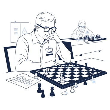 A white chess master with glasses is sitting at a wooden chess table, deep in thought while contemplating the chessboard in front of them. The board is set with a mix of black and white pieces, some captured pieces placed on the side. The master has a focused expression, with their chin resting on one hand. A tournament badge is pinned to their shirt, and papers with notes are scattered nearby. The background shows a blurred view of other competitors engrossed in their games.
