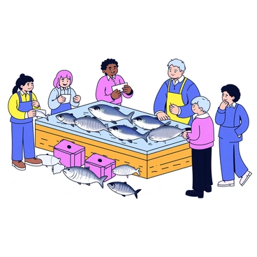 A bustling fish market stall filled with a variety of fresh fish. The stall has a wooden base and is covered with a layer of ice. There are whole fish such as salmon, halibut, and mackerel displayed prominently. Each fish is glistening, showcasing its fresh scales. Brightly colored ice fills the spaces between the fish. Behind the stall, a vendor wearing an apron is preparing to serve customers. The environment is lively with shoppers looking at the selection of fish.
