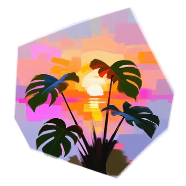 Monstera leaves in a striking silhouette are positioned prominently in the foreground. The leaves feature their characteristic large, split shapes, with deep green tones that contrast against the backdrop. Behind them, a vibrant sunset sky displays an array of colors, including shades of orange, pink, and purple, blending seamlessly into one another. The leaves capture the light and create sharp edges against the colorful sky, adding depth and interest to the scene.